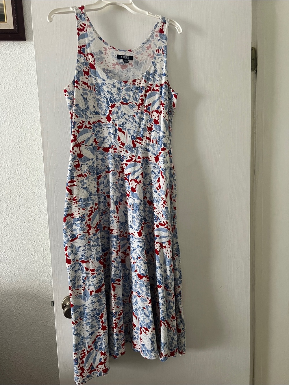 Chaps Sleeveless Floral Midi Dress in White, Blue & Red
